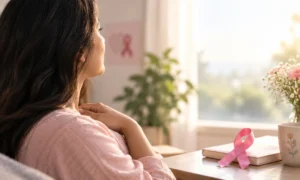 Woman reflecting on breast cancer recovery beside a pink breast cancer awareness ribbon